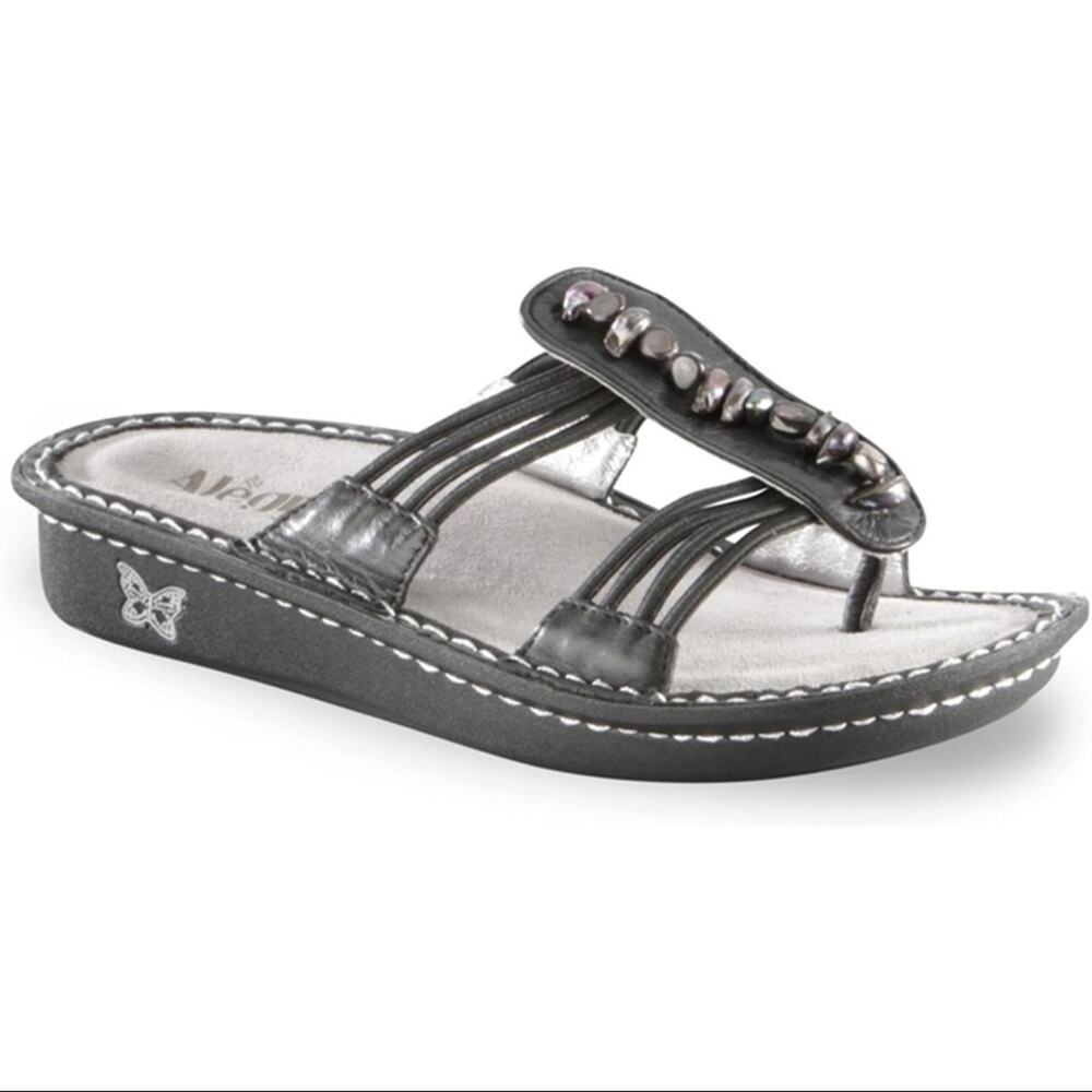 Alegria Pisa Leather Thong Sandal With Pearl Trim Black Size 37